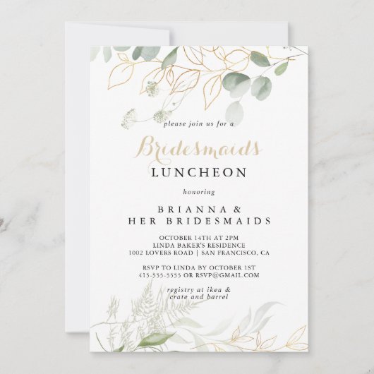 Invitation Gold Green Foliage Bridesservatrices Luncheon Douc (Devant)
