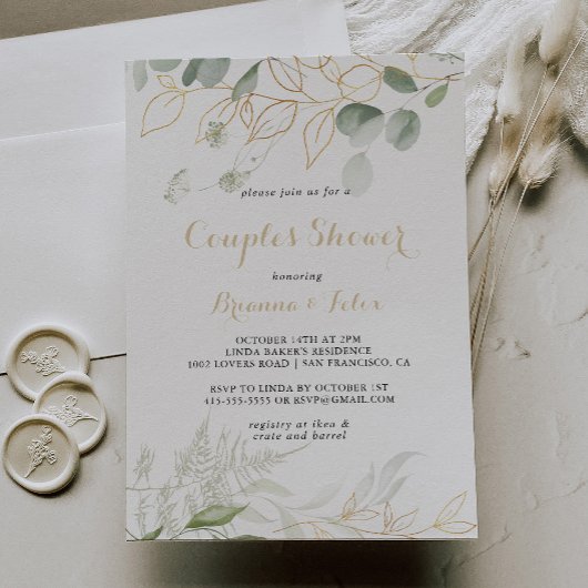 Invitation Gold Green Foliage Calligraphie Couples Douche