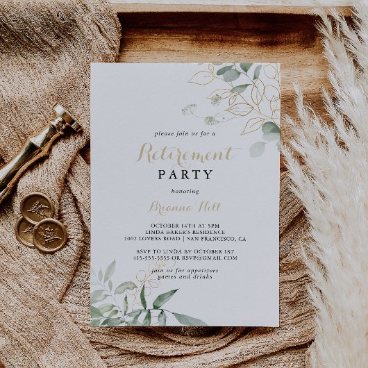 Invitation Gold Green Foliage Calligraphie Parti de retraite