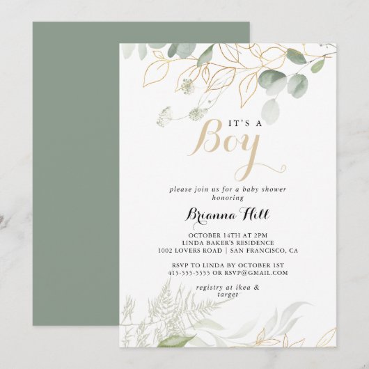 Invitation Gold Green Foliage C'est un Baby shower garçon (Devant / Derrière)