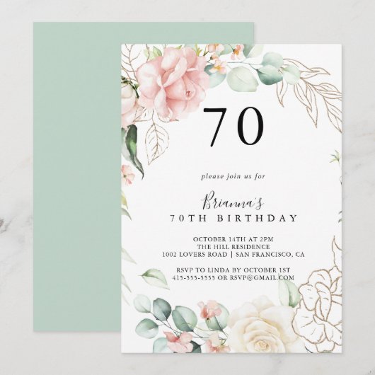 Invitation Gold Green Foliage Floral 70e fête d'anniversaire (Devant / Derrière)