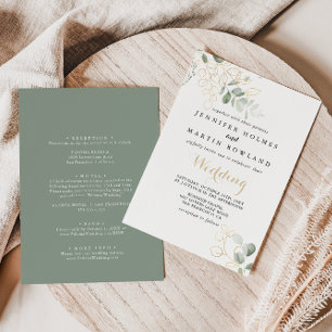Invitation Gold Green Foliage Front & Back Wedding
