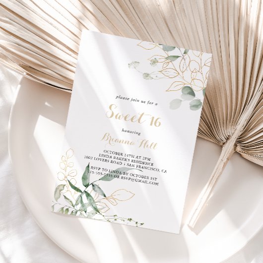 Invitation Gold Green Foliage Sweet 16 fête d'anniversaire