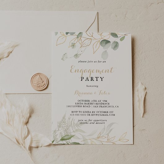Invitation Gold Green Foligraphy Party d'engagement