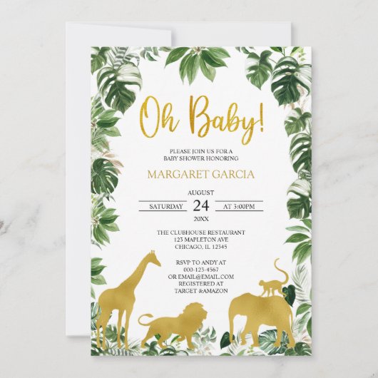 Invitation  Gold Green Jungle Safari Animaux Baby shower (Devant)