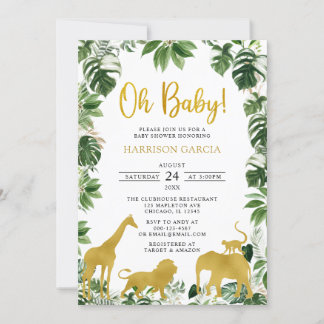 Invitation Gold Green Jungle Safari Animaux Baby shower