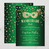 Invitation Gold Green Masquerade Ball fête d'anniversaire (Devant / Derrière)