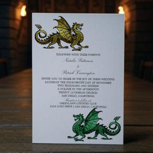 Invitation Gold Green Medieval Dragon Wedding