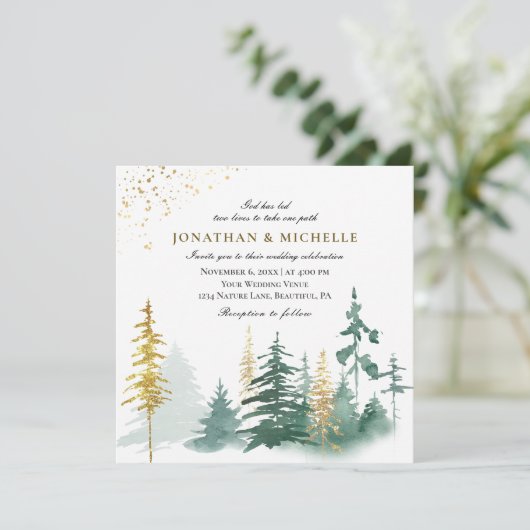 Invitation Gold Green Pine Trees Forêt Mariage chrétien (Debout devant)