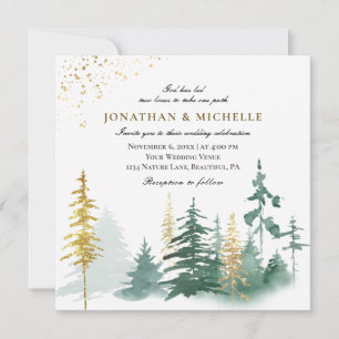 Invitation Gold Green Pine Trees Forêt Mariage chrétien
