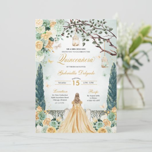 Invitation Gold Green Princesse enchantée Jardin Quinceanera (Debout devant)
