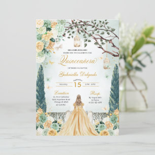 Invitation Gold Green Princesse enchantée Jardin Quinceanera