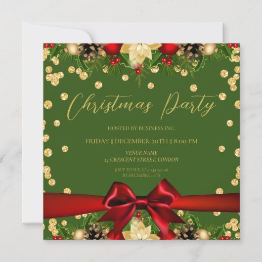 Invitation Gold Green Ribbon Parties scintillant Noël Entrepr (Devant)