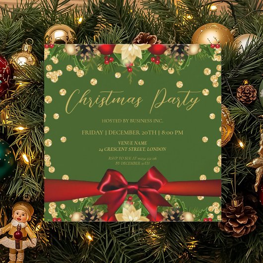 Invitation Gold Green Ribbon Parties scintillant Noël Entrepr