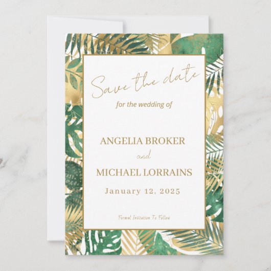 Invitation Gold Green Tropical Feuilles Enregistrer la date (Devant)