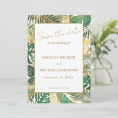Invitation Gold Green Tropical Feuilles Enregistrer la date (Debout devant)