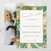 Invitation Gold Green Tropical Feuilles Enregistrer la date (Devant / Derrière)