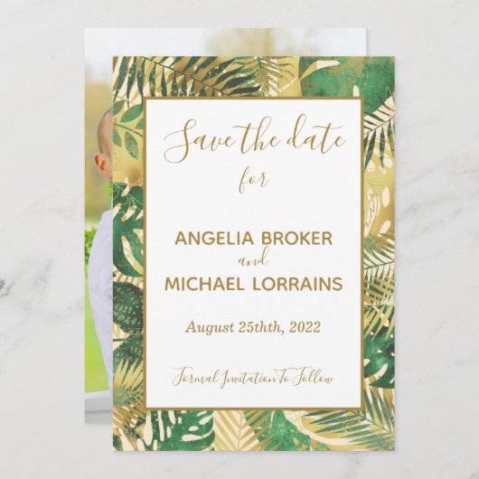 Invitation Gold Green Tropical Feuilles Enregistrer le Mariag (Devant / Derrière)