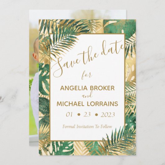 Invitation Gold Green Tropical Feuilles Enregistrer l'invitat (Devant / Derrière)