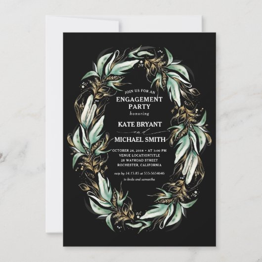 Invitation Gold Green Wreath Black Modern Engagement Party (Devant)
