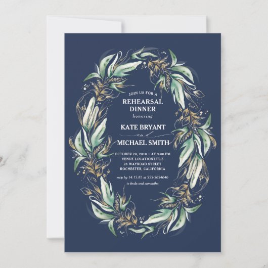 Invitation Gold Green Wreath Navy Blue Rehearsal Dîner (Devant)