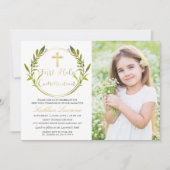 Invitation Gold Green Wreath Première Sainte Communion Photo (Devant)