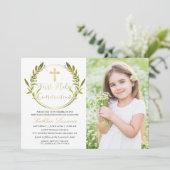 Invitation Gold Green Wreath Première Sainte Communion Photo (Debout devant)
