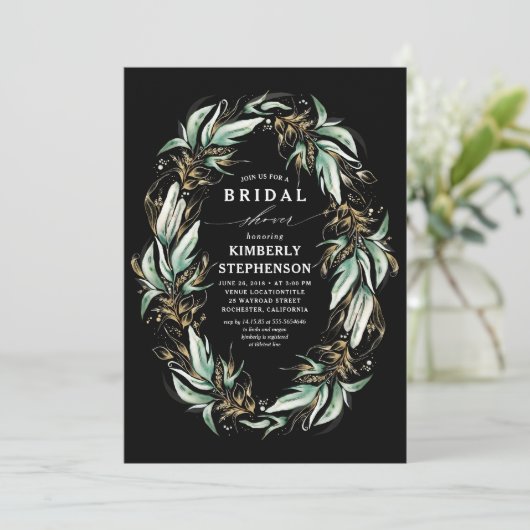 Invitation Gold Greenery Wreath Black Boho Fête de l'mariée (Debout devant)