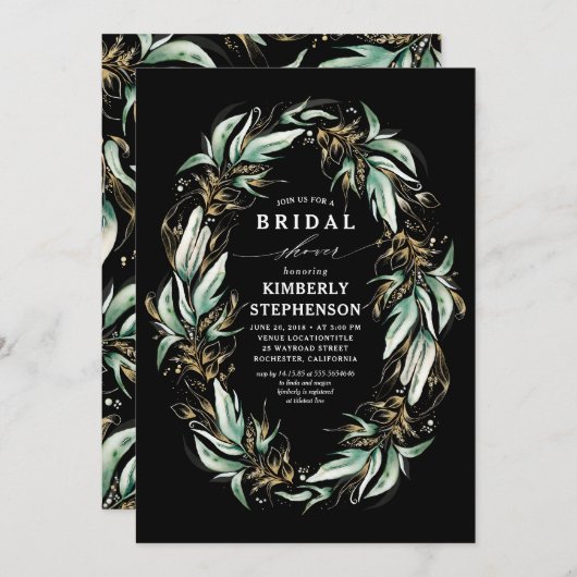 Invitation Gold Greenery Wreath Black Boho Fête de l'mariée (Devant / Derrière)