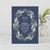 Invitation Gold Greenery Wreath Navy Blue Boho Baby shower (Debout devant)