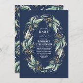 Invitation Gold Greenery Wreath Navy Blue Boho Baby shower (Devant / Derrière)