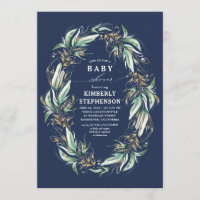 Gold Greenery Wreath Navy Blue Boho Baby shower