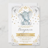 Invitation Gold Grey Jungle Elephant 1er anniversaire (Devant)