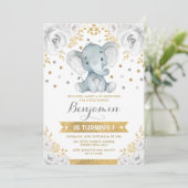 Invitation Gold Grey Jungle Elephant 1er anniversaire (Debout devant)