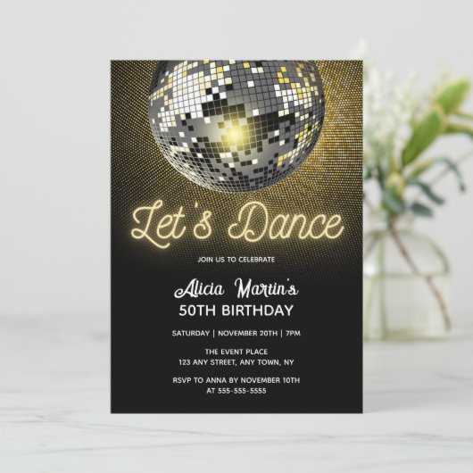 Invitation Gold Halftone Disco Ball Dansons Anniversaire (Debout devant)