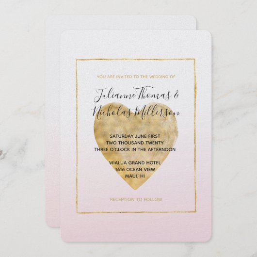 Invitation Gold Heart Blush Pink ombre (Devant / Derrière)