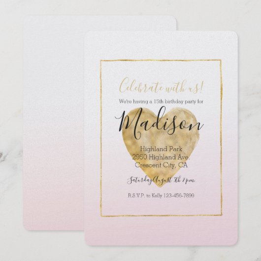 Invitation Gold Heart Blush Pink Ombre Anniversaire (Devant / Derrière)