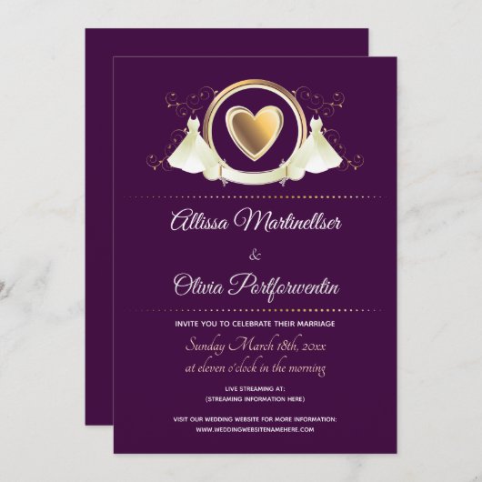 Invitation Gold Heart Femme violet Mariage virtuel (Devant / Derrière)