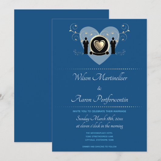 Invitation Gold Heart Homme Mariage Classic Blue (Devant / Derrière)