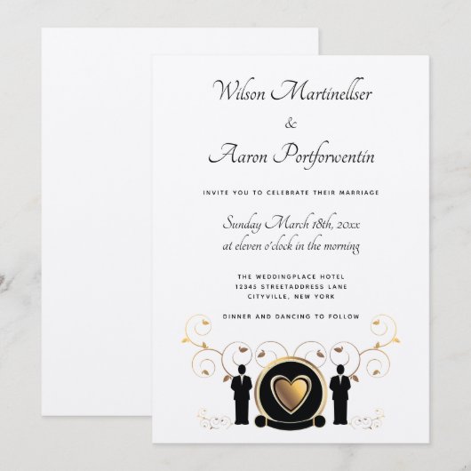 Invitation Gold Heart Homme Mariage Kraft Papier LGBTQ (Devant / Derrière)