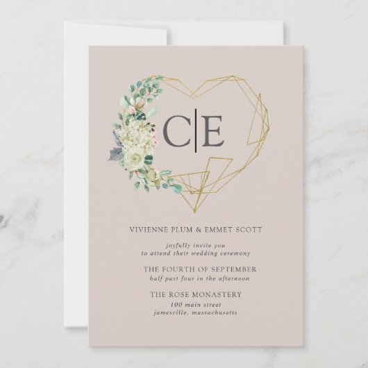 Invitation Gold Heart Monogramme Rose blanche Hydrangea Maria (Devant)