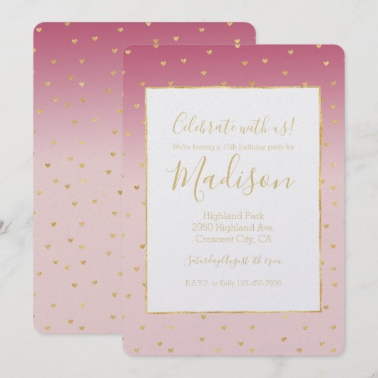 Invitation Gold Hearts Blush Pink Ombre Anniversaire (Devant / Derrière)