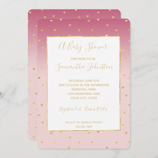 Invitation Gold Hearts Blush Pink Ombre Baby shower (Devant / Derrière)