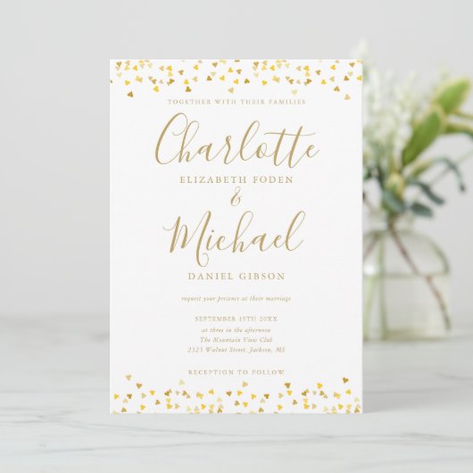 Invitation Gold Hearts Confetti Élégant Script Mariage photo (Debout devant)