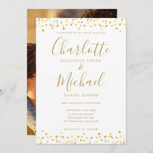 Invitation Gold Hearts Confetti Élégant Script Mariage photo
