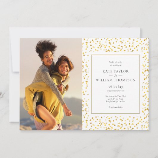 Invitation Gold Hearts Confetti Photos Mariage (Devant)