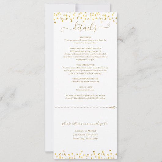 Invitation Gold Hearts Confetti Script Tout en un Mariage (Dos)