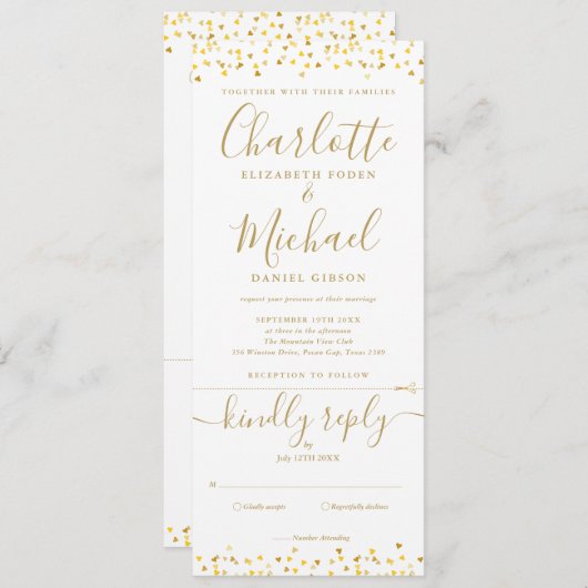 Invitation Gold Hearts Confetti Script Tout en un Mariage (Devant / Derrière)