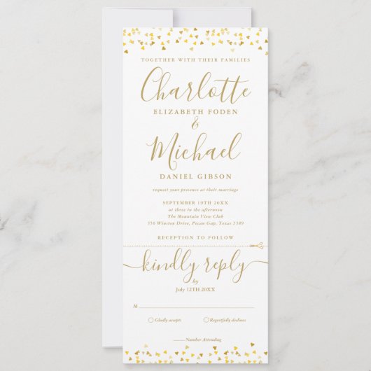 Invitation Gold Hearts Confetti Script Tout en un Mariage (Devant)