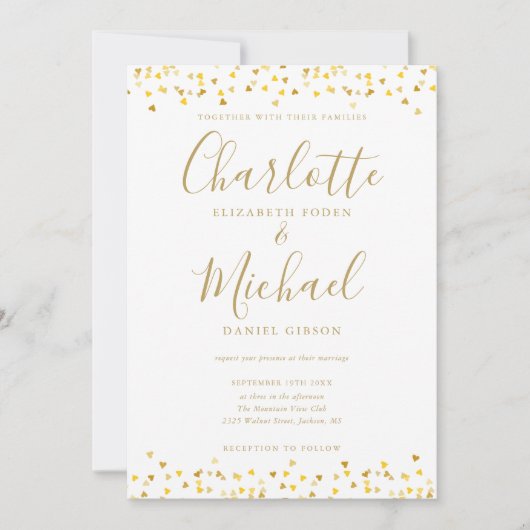 Invitation Gold Hearts Confetti Signature Mariage de script (Devant)